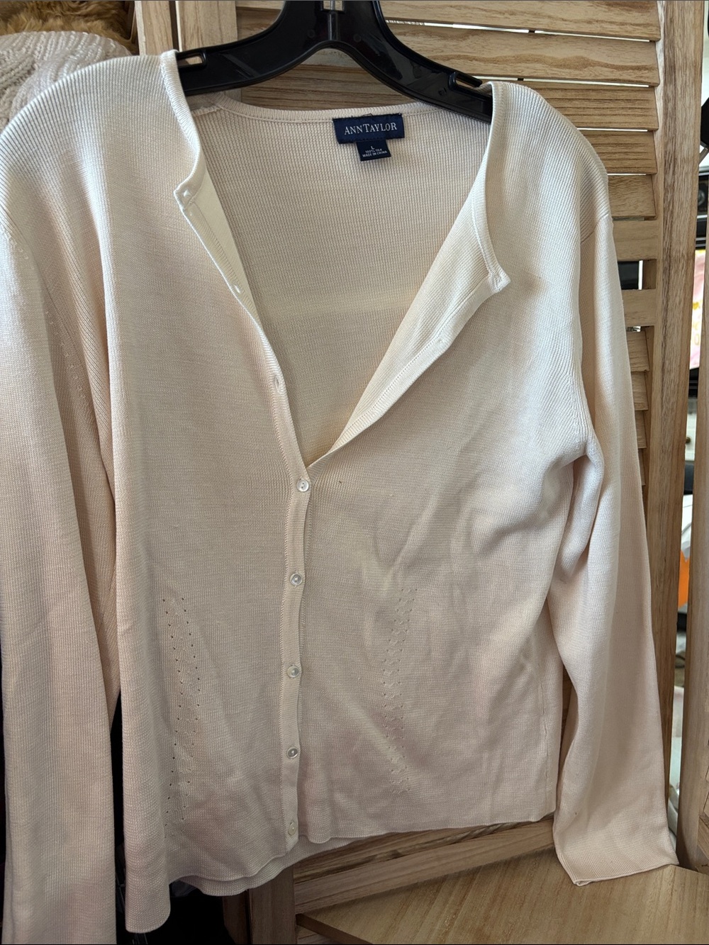 Ann Taylor Soft Cream Button-Front Silk Cardigan Large